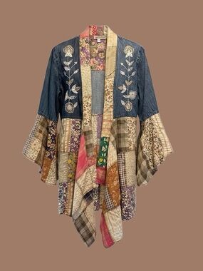 Young Threads Size M Patchwork Denim & Quilt Kimono Cardigan NWT. PTP 22 inches